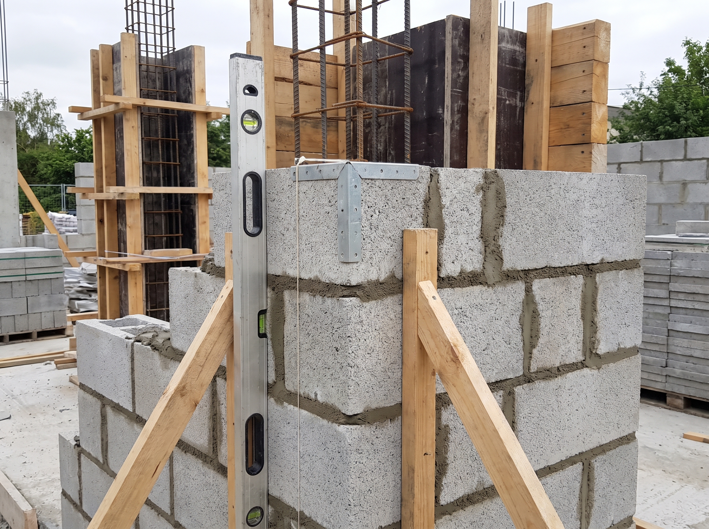 Execução de alvenaria de bloco de concreto com nível a laser conferindo prumo e esquadro, estrutura de concreto armado com ferragem aparente ao fundo
