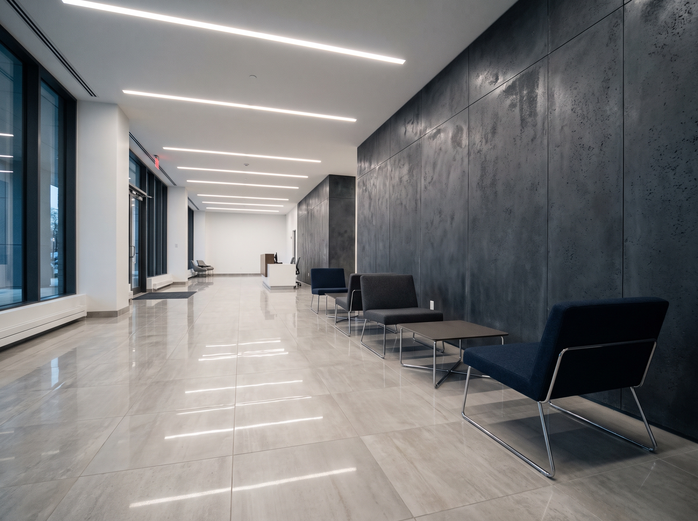 Hall de entrada de edifício comercial recém-reformado, com piso de porcelanato polido, parede de destaque e iluminação embutida