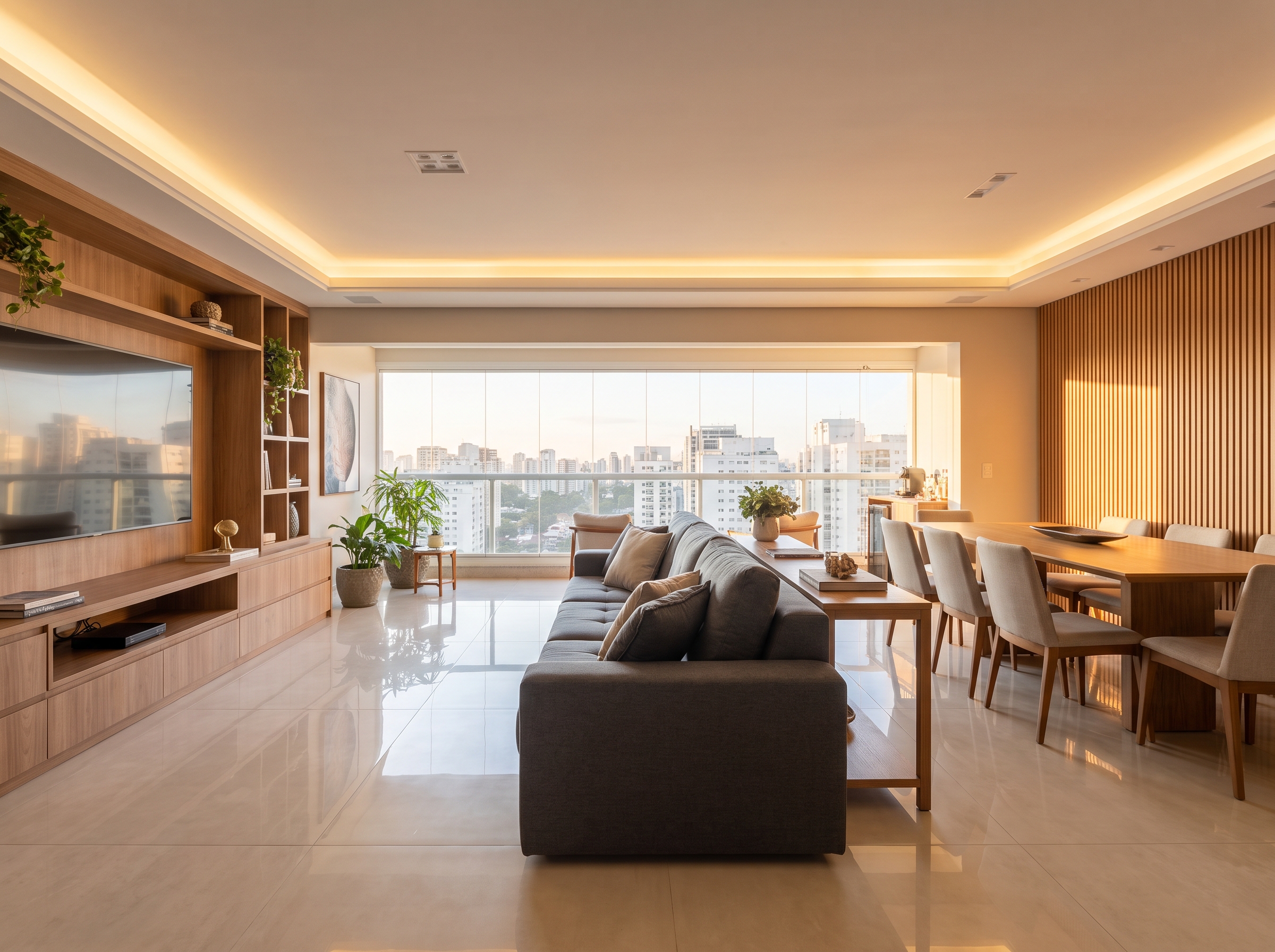 Sala de estar e jantar integradas de apartamento reformado em São Paulo, com marcenaria planejada, sanca de iluminação e vista para a cidade