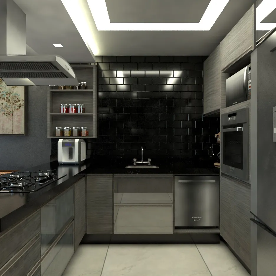 Projeto 3D da cozinha da casa com tijolinho preto e armários cinza