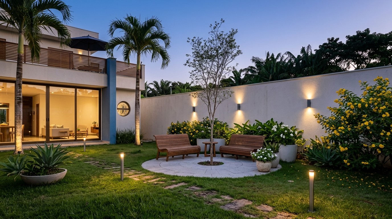 Área externa de casa com jardim, bancos de madeira e iluminação de parede, projeto de casa assinado pela LaArc